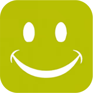 Simple white smiley face with two oval eyes and a curved smile on a green background.