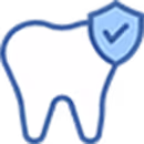 White tooth icon with a blue shield and checkmark symbolizing dental protection.