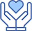 Two white hands holding a blue heart on a blue square background.