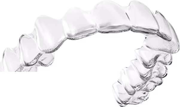 Clear dental aligner designed to fit over teeth for orthodontic treatment.