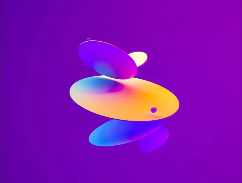 Abstract 3D composition of colorful oval shapes and spheres on a purple background.
