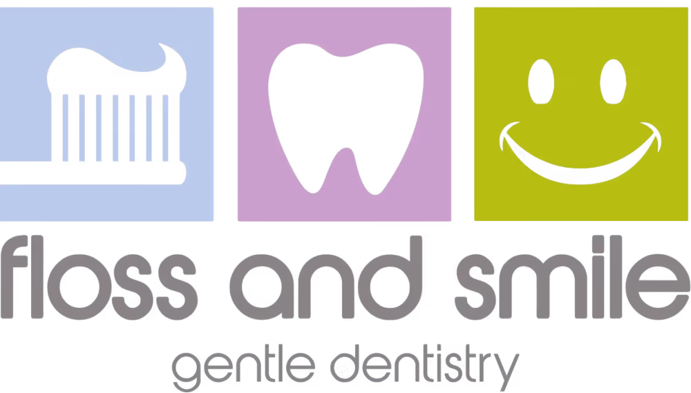 Logo with toothbrush and toothpaste, tooth icon, and smiling face icons above the text 'floss and smile gentle dentistry'.
