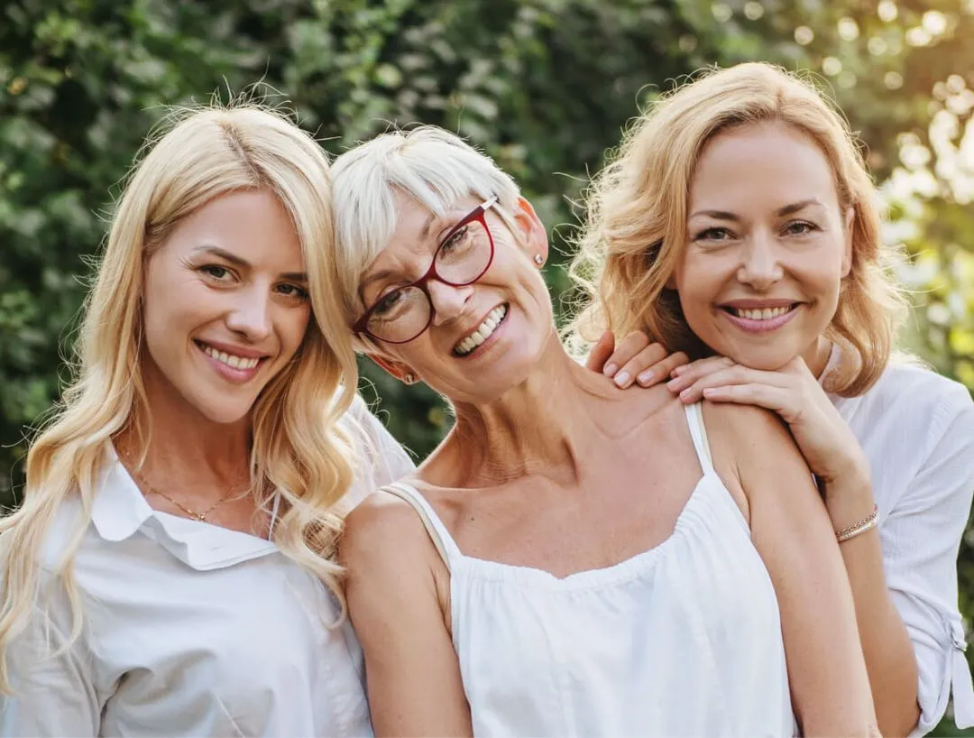 Three smiling women outdoors against a background of green foliage during golden hour.