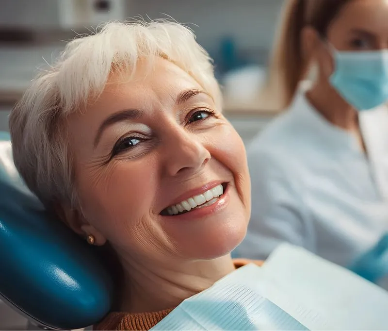 Smiling elderly woman reclining in a dental chair with a dentist wearing a mask in the background.