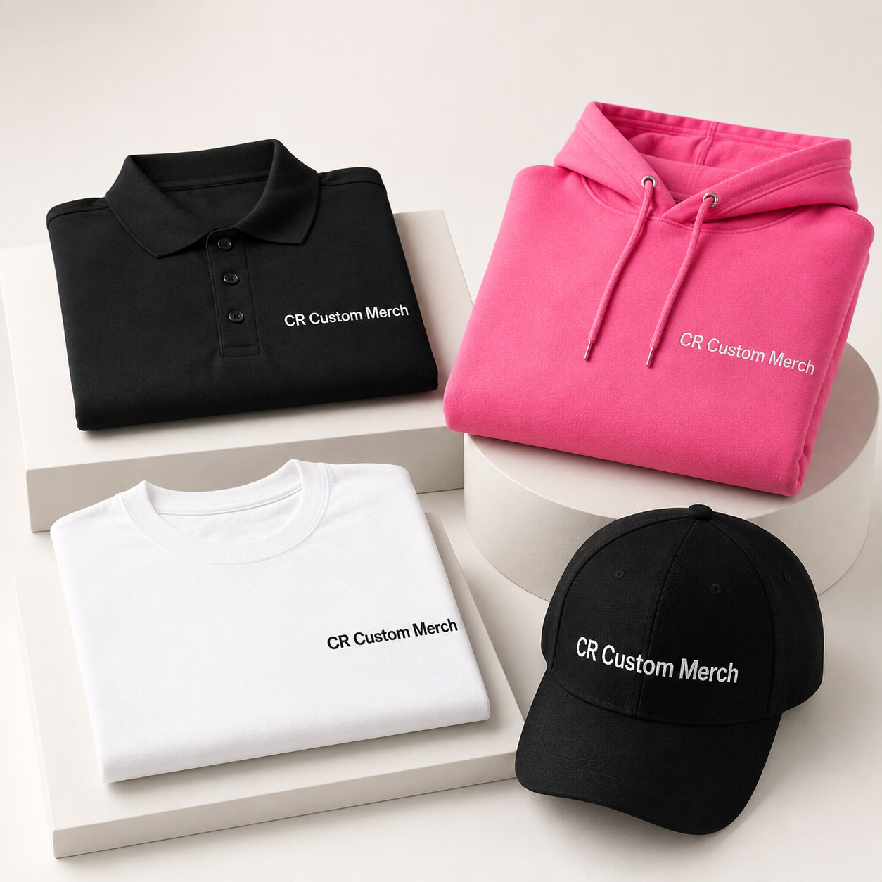 CR Custom Merch branded apparel arranged as a clean studio display