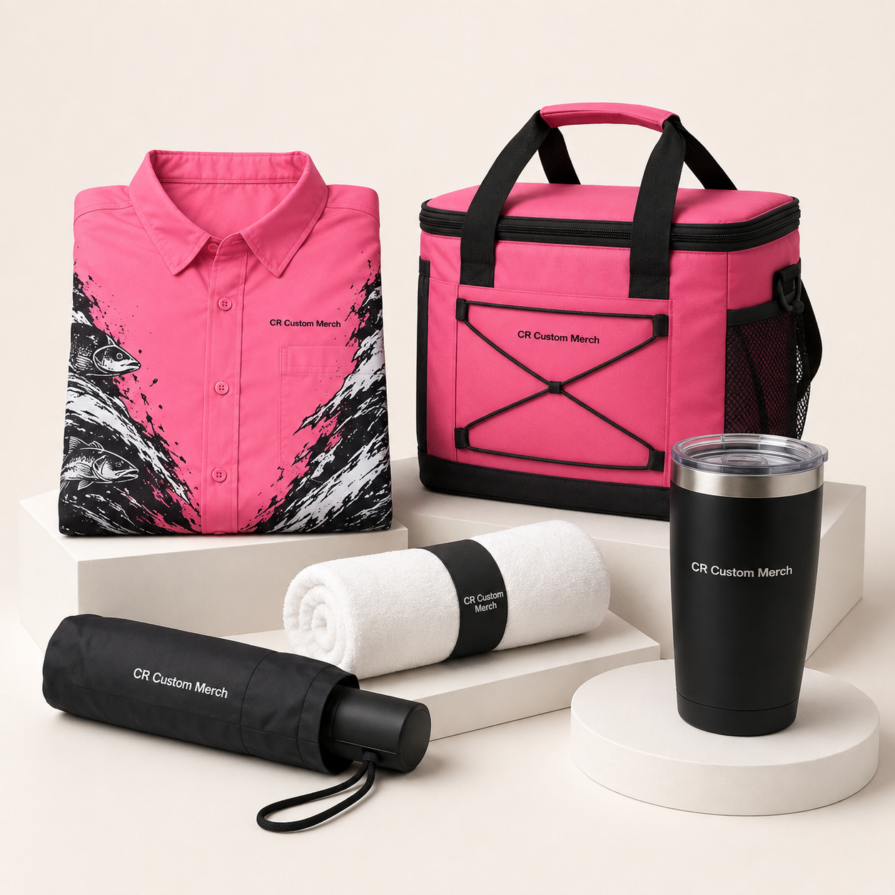 CR Custom Merch branded promotional products prepared for display