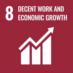 Icon representing Sustainable Development Goal 8: Decent Work and Economic Growth. A red background with a white upward graph symbolizing economic growth