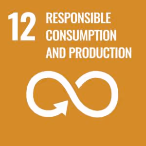 Icon representing Sustainable Development Goal 12: Responsible Consumption and Production. A mustard yellow background with a white infinity loop symbolizing sustainable production and consumption.