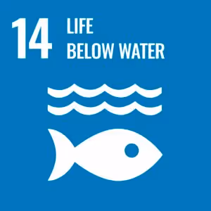 Icon representing Sustainable Development Goal 14: Life Below Water. A blue background with a white fish and waves.