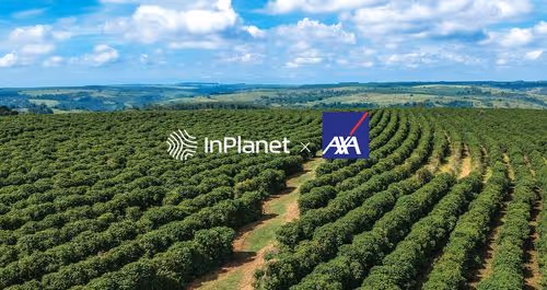 Aerial view of Brazilian farmland with InPlanet and AXA partnership branding over cultivated crop fields.