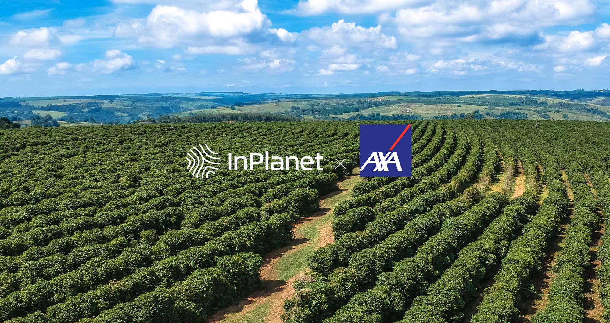 Aerial view of Brazilian farmland with InPlanet and AXA partnership branding over cultivated crop fields.