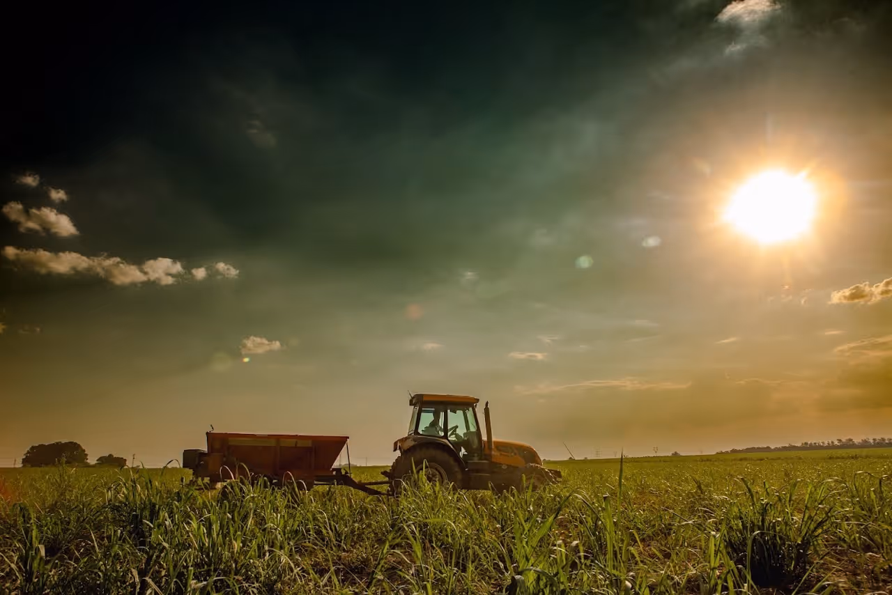 Red tractor driving in a sunlit field