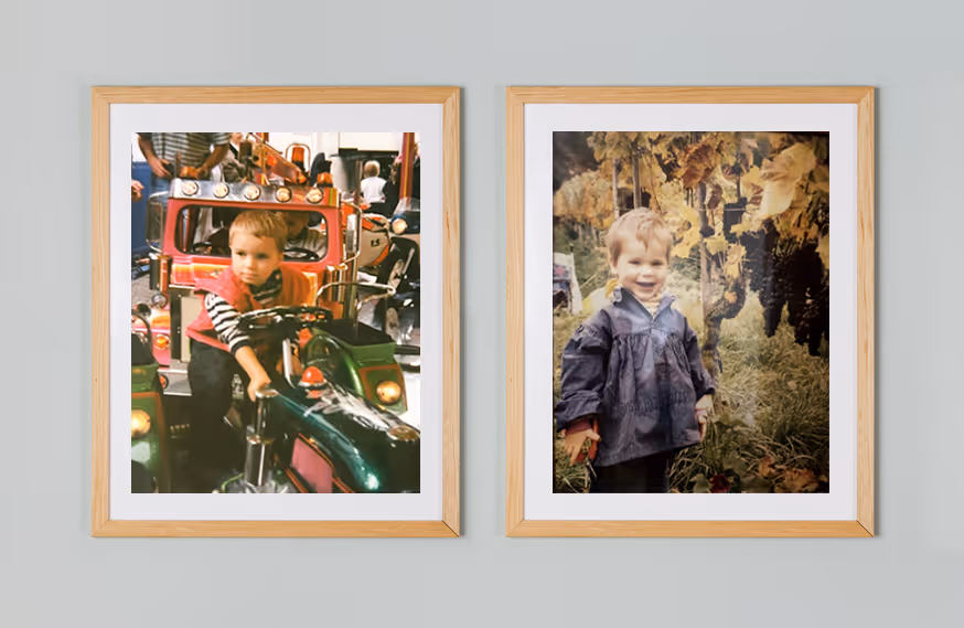 Framed pictures of Niklas and Felix as children in the agricultural farm of their families
