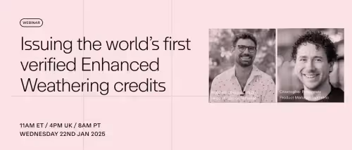 Webinar announcement on issuing the world's first verified enhanced weathering credits, featuring Matthew Clarkson of InPlanet and Christopher Podgorny of Isometric.