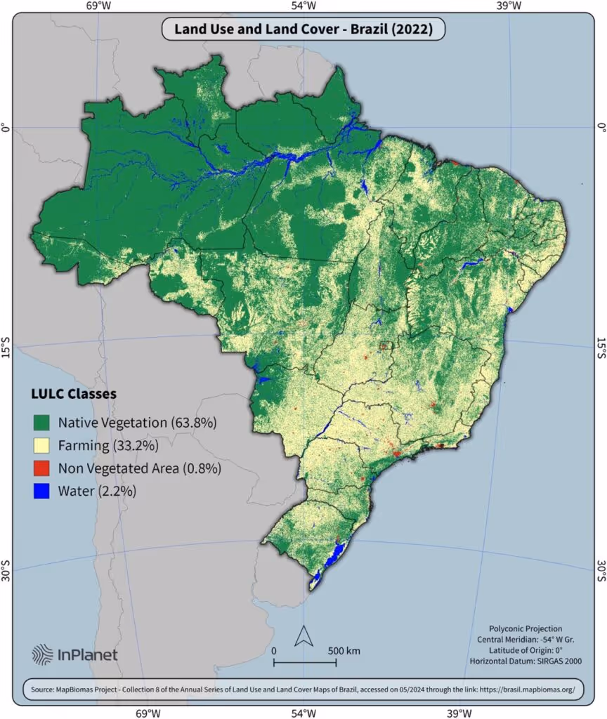 Map showing the agricultural land available in Brazil. 33% of the country's area is covered by farmland.