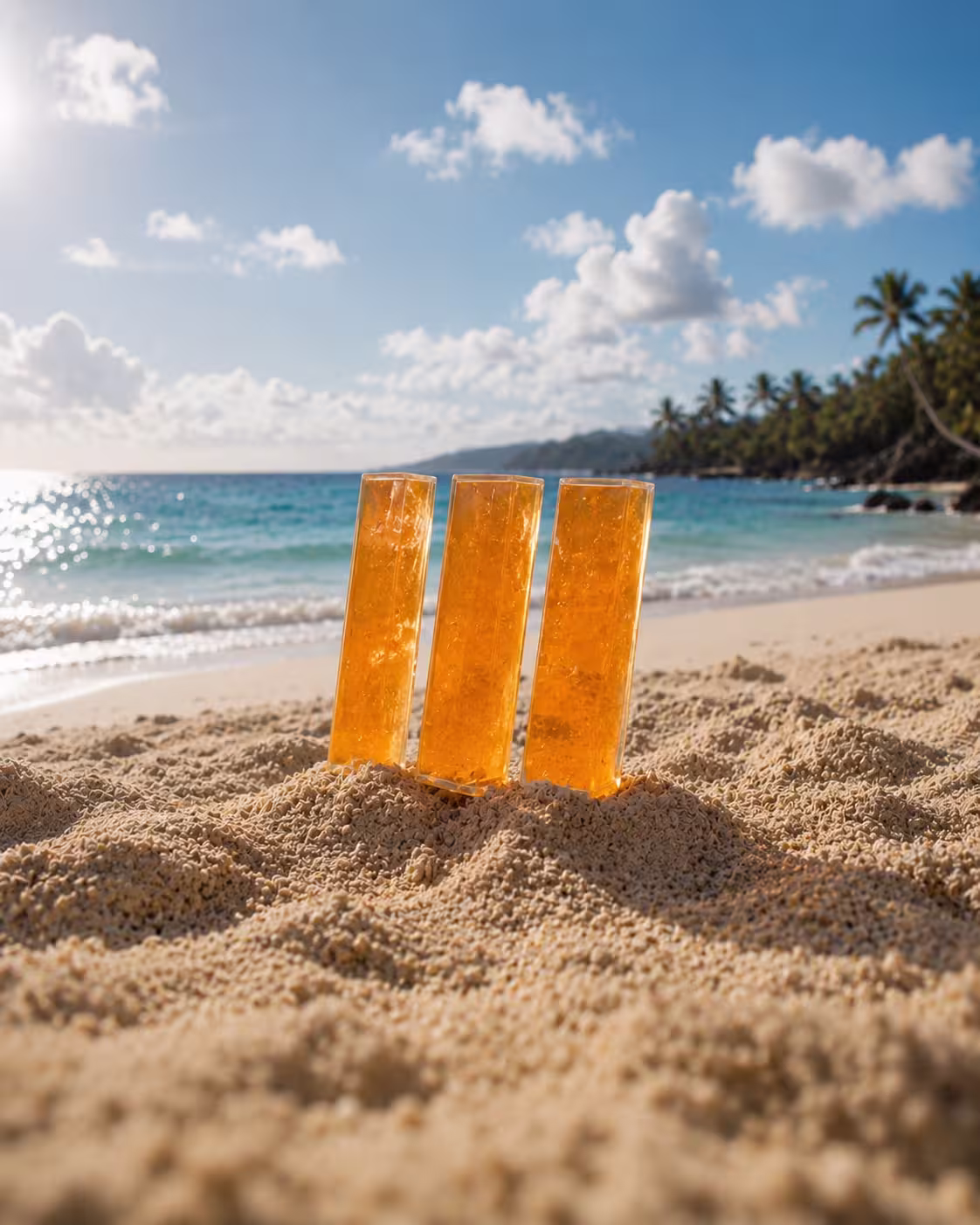 Three tall glasses of orange drink on sandy beach with ocean and palm trees in background.