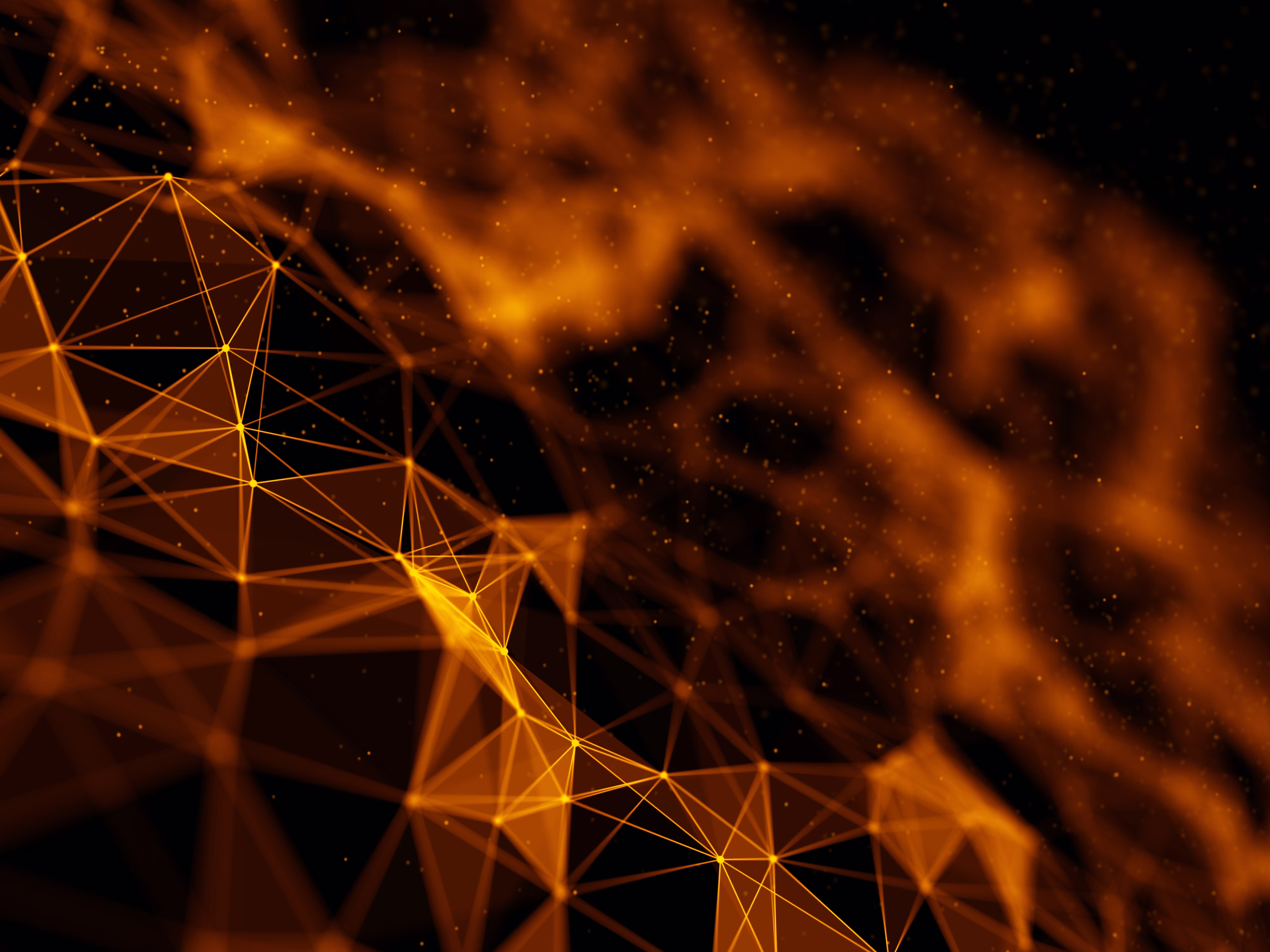 Orange glowing low-poly mesh connected by lines and dots on a dark background.
