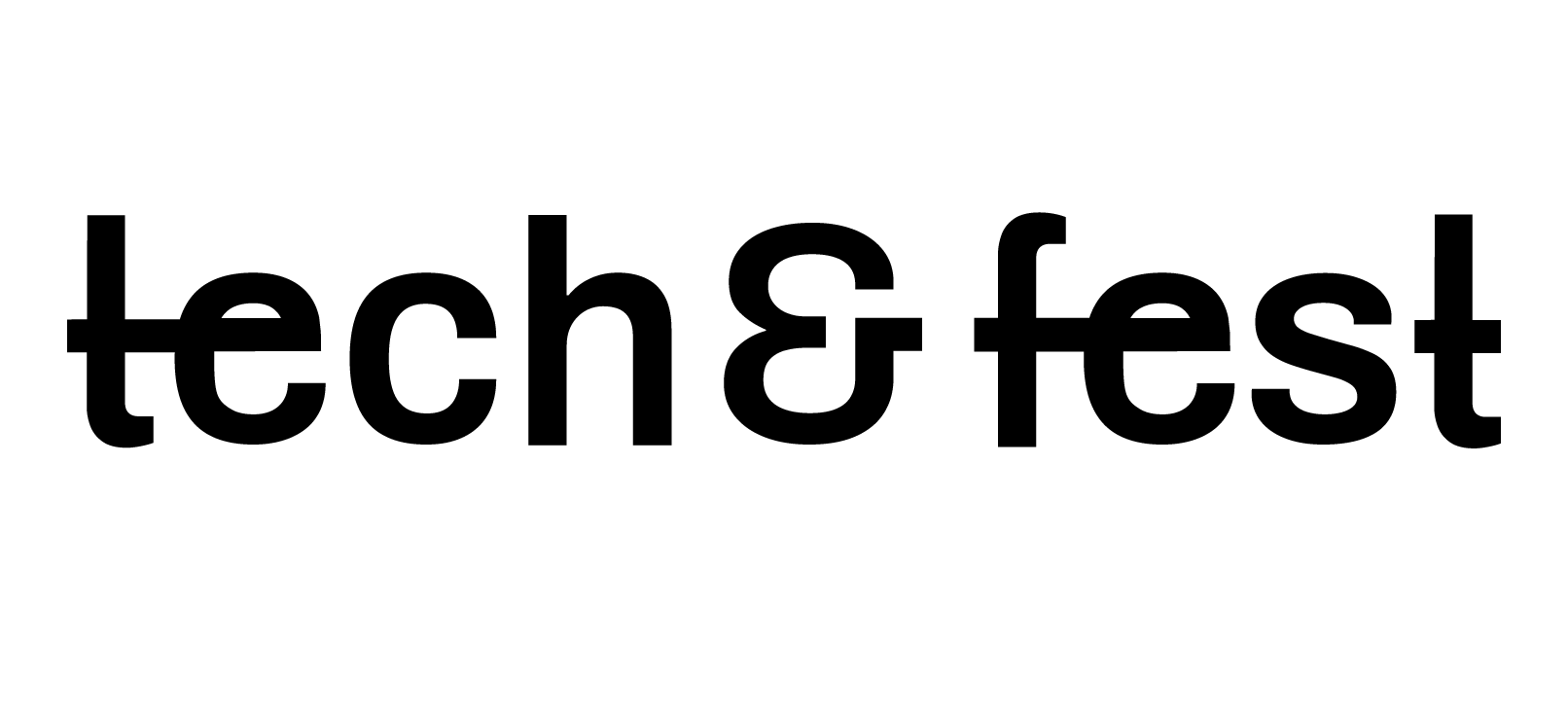 Black text 'tech & fest' on white skewed rectangular background with black semicircle cutout.