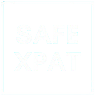 SAFE XPAT text in bold white letters inside a black square background.