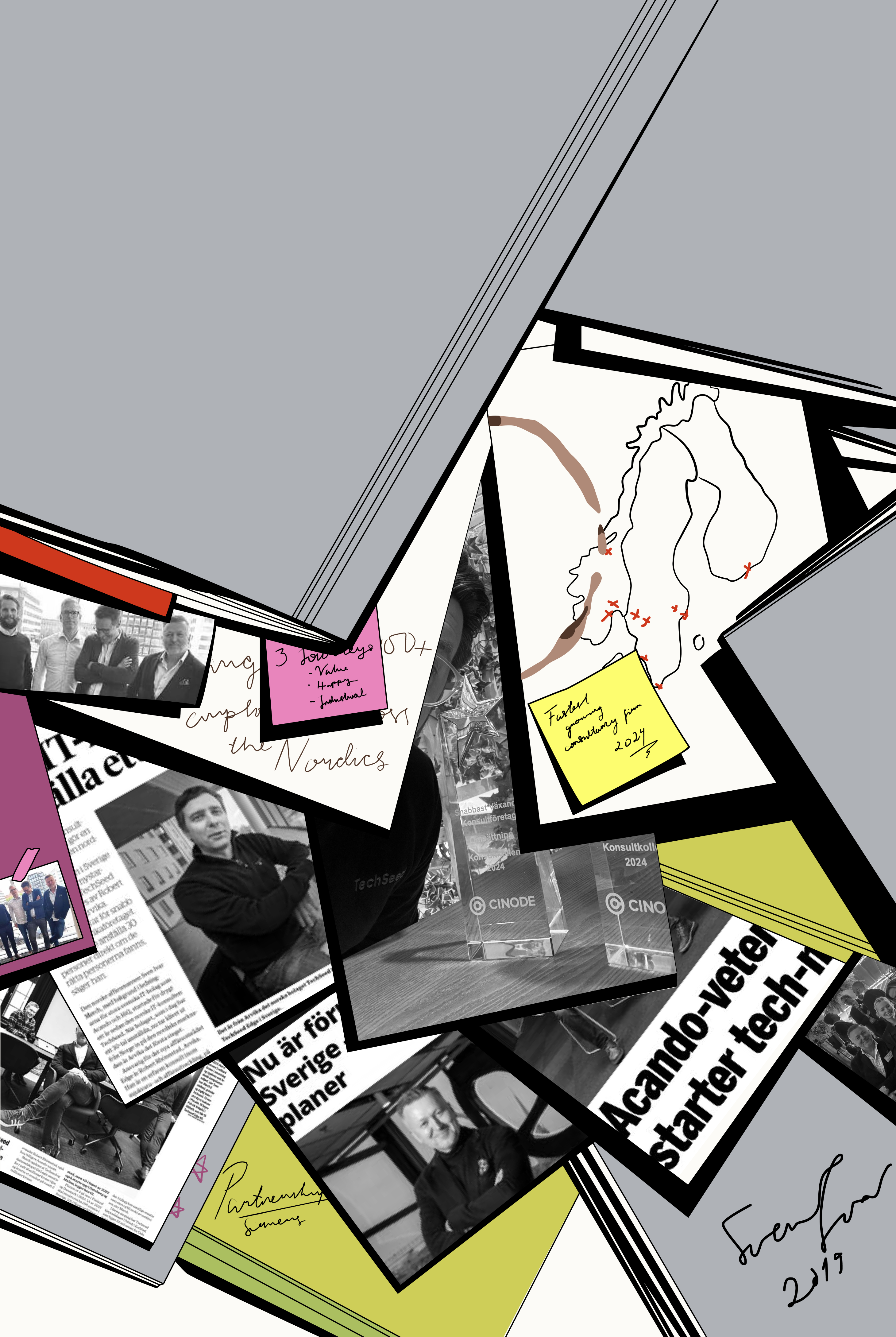 Collage of black and white photos, newspaper clippings, handwritten notes, and a map of Scandinavia marked with red Xs, showcasing a tech company’s journey and achievements, including awards from Cinode.