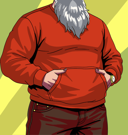 Illustration of a person with a gray beard wearing a red hoodie with hands in the front pocket and dark pants against a yellow background with diagonal stripes.