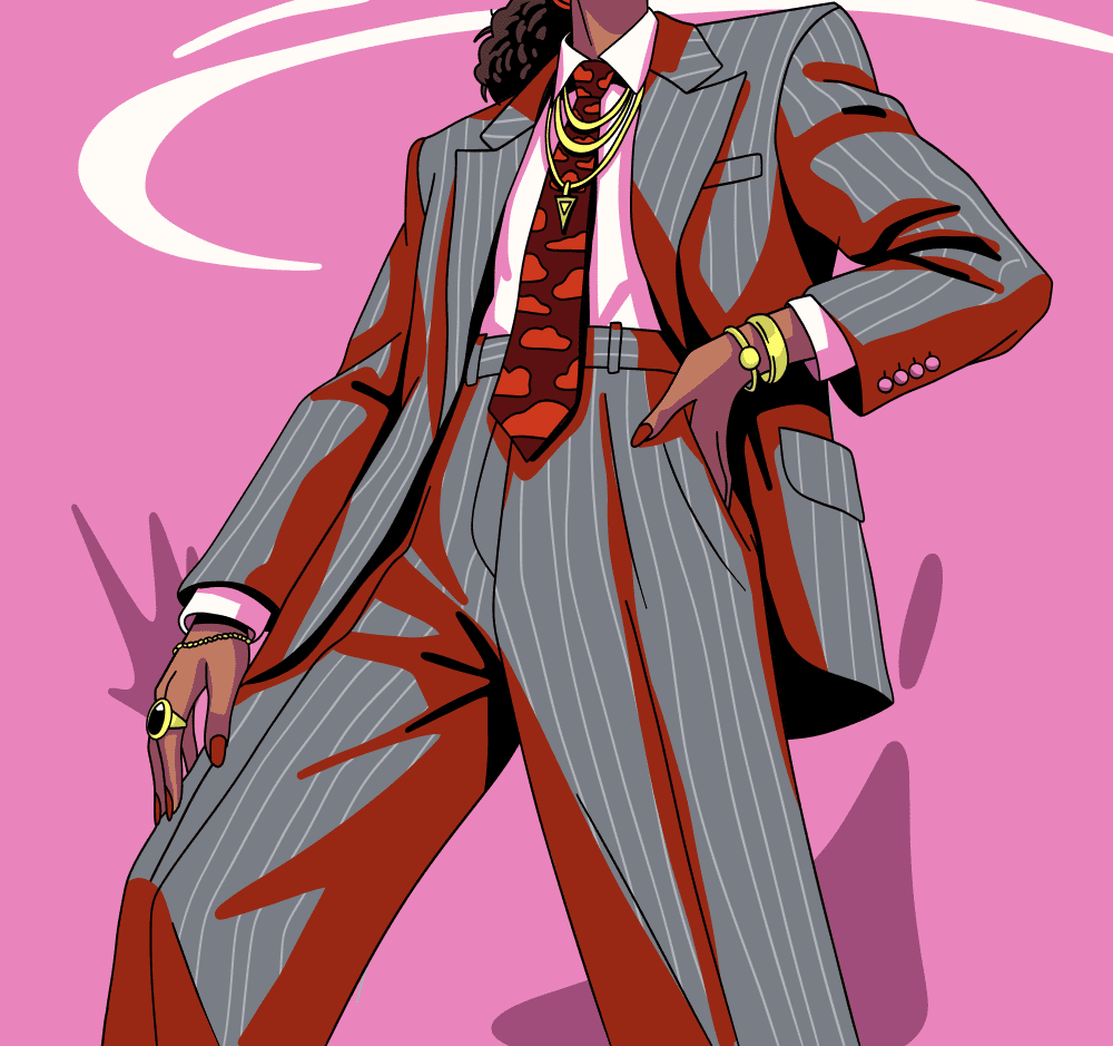 Stylish person wearing a high-waisted gray pinstripe suit with a white shirt and red patterned tie, accessorized with gold necklaces, bracelets, and rings, posing confidently against a pink background.