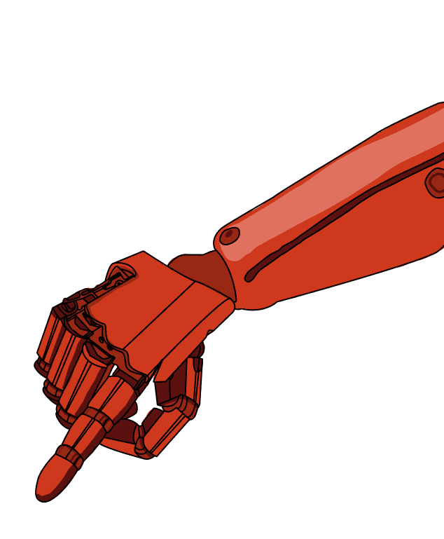 Red robotic arm with a mechanical hand pointing with its index finger.