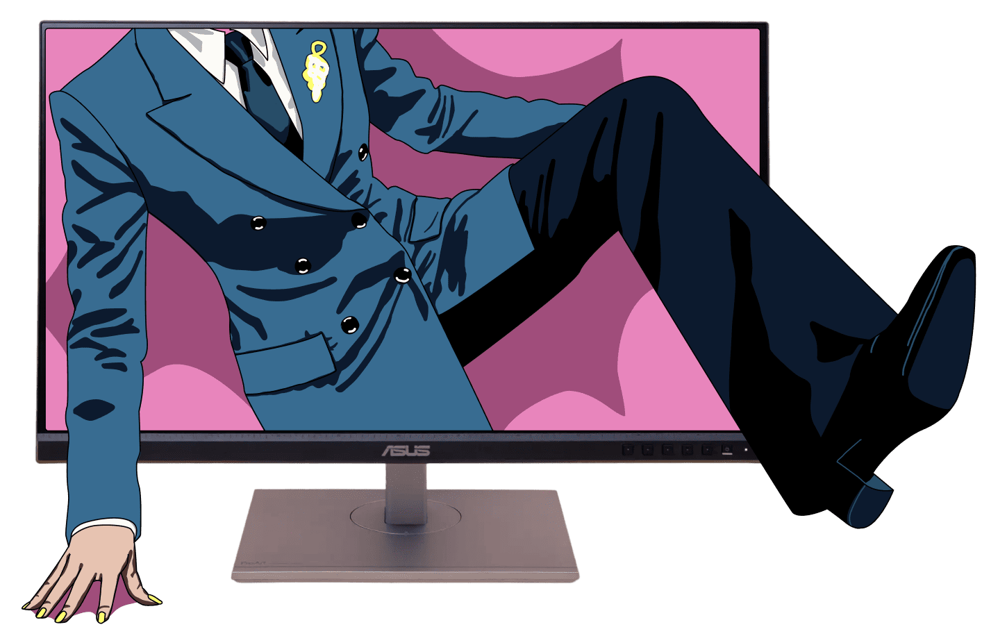 Illustration of a person wearing a blue double-breasted suit partially emerging from an Asus computer monitor against a pink abstract background, with one arm and one leg extending outside the screen.
