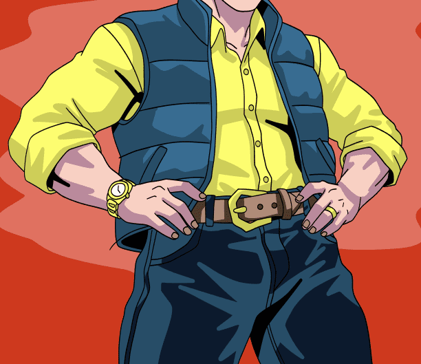 Illustration of a person from neck to hips wearing a yellow shirt with rolled-up sleeves, a blue puffy vest, dark pants with a brown belt featuring a large, distinctive gold buckle, a gold watch on the left wrist, and a gold ring on the right hand, set against a red background.
