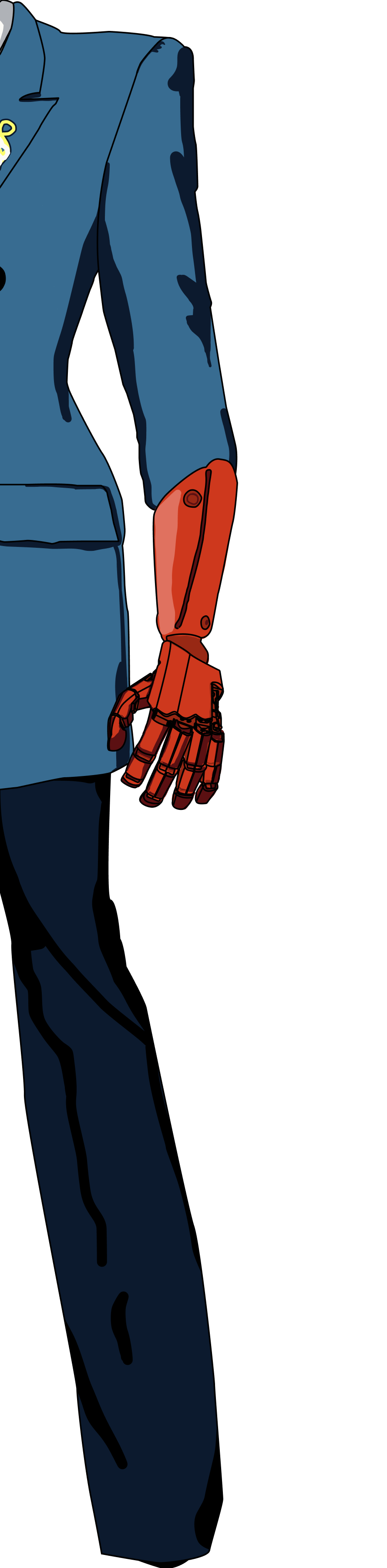 Illustration of a person wearing a blue jacket and dark pants, showing only the right side from neck to feet, with a detailed red robotic prosthetic arm and hand.