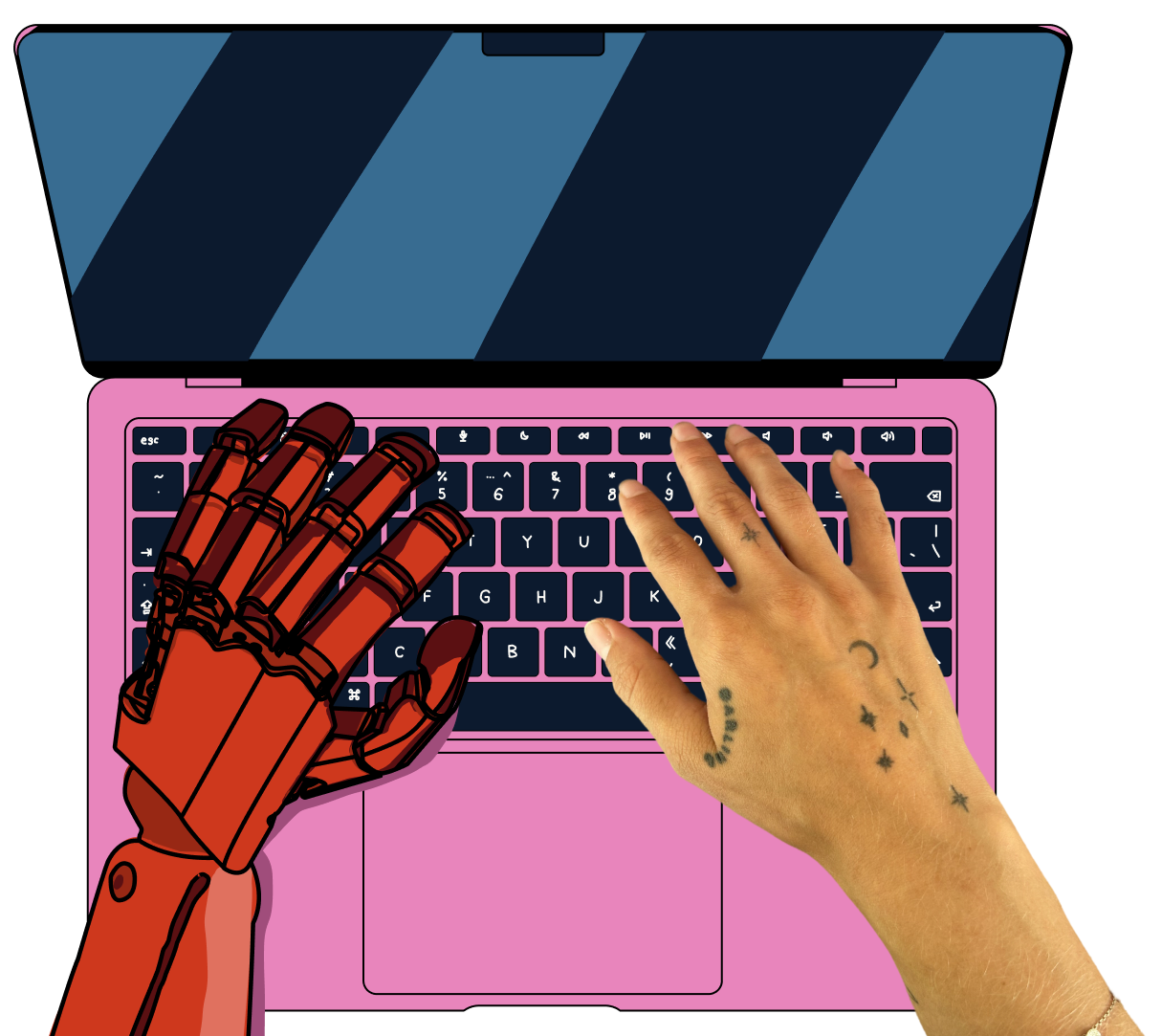 Overhead view of a pink laptop with two hands typing on the keyboard: a red robotic hand on the left and a human hand with small tattoos on the right.