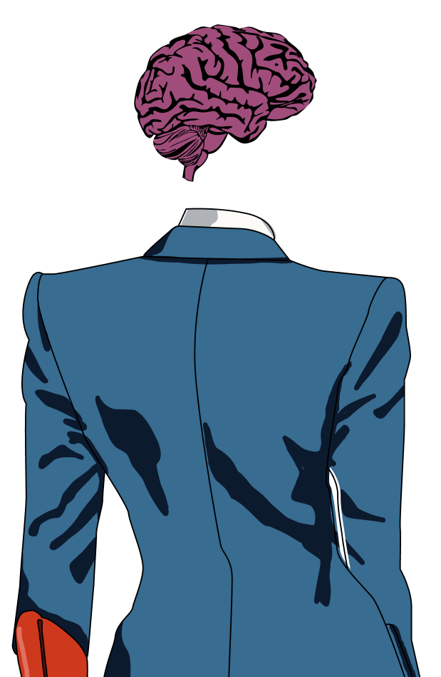 Illustration of a person wearing a blue suit jacket and white shirt collar, viewed from behind, with a floating purple brain above where the head should be.