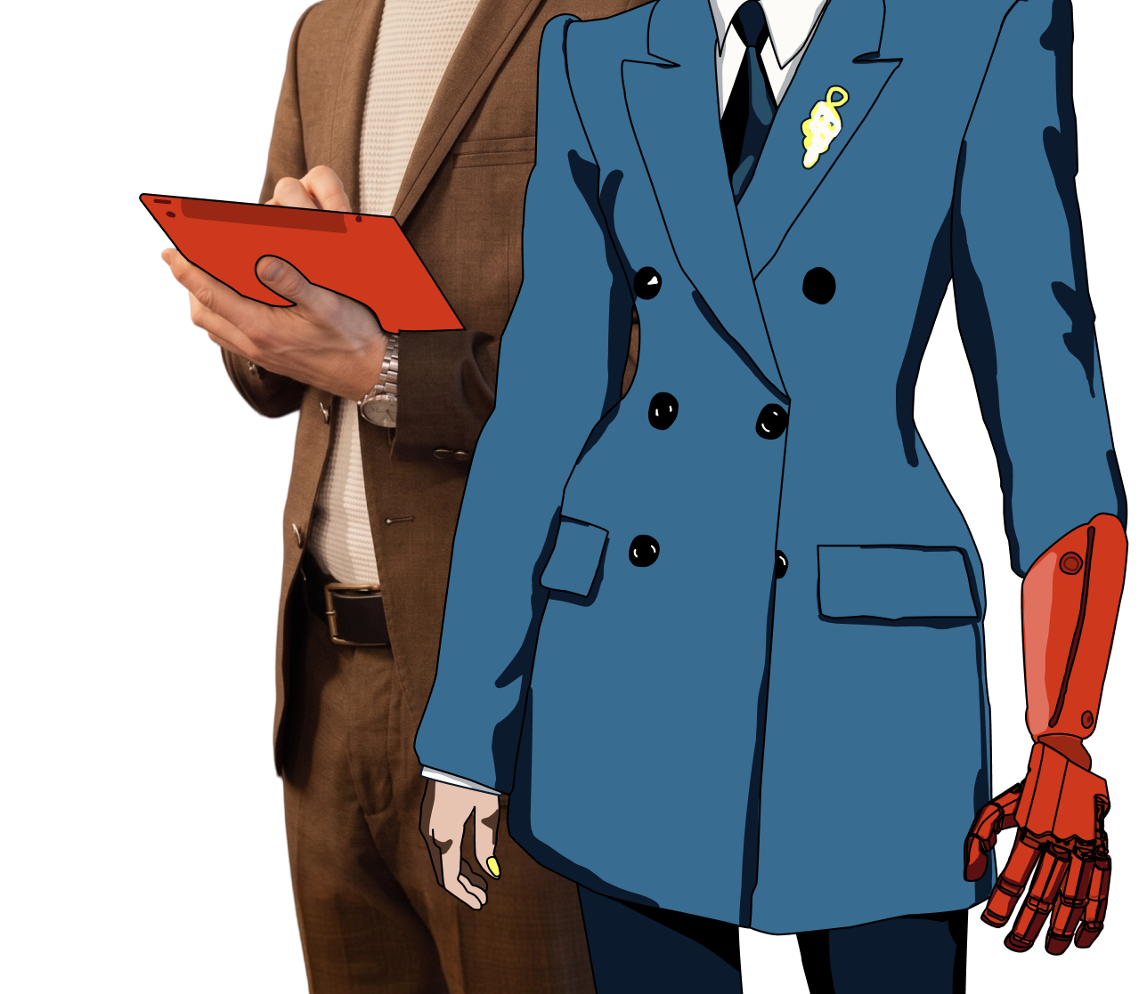 Partially visible person in a brown suit holding a red clipboard with a watch on their wrist behind another person wearing a blue double-breasted blazer, black tie, and a yellow grape-shaped pin, with a red robotic right arm and natural left hand with yellow nail polish.
