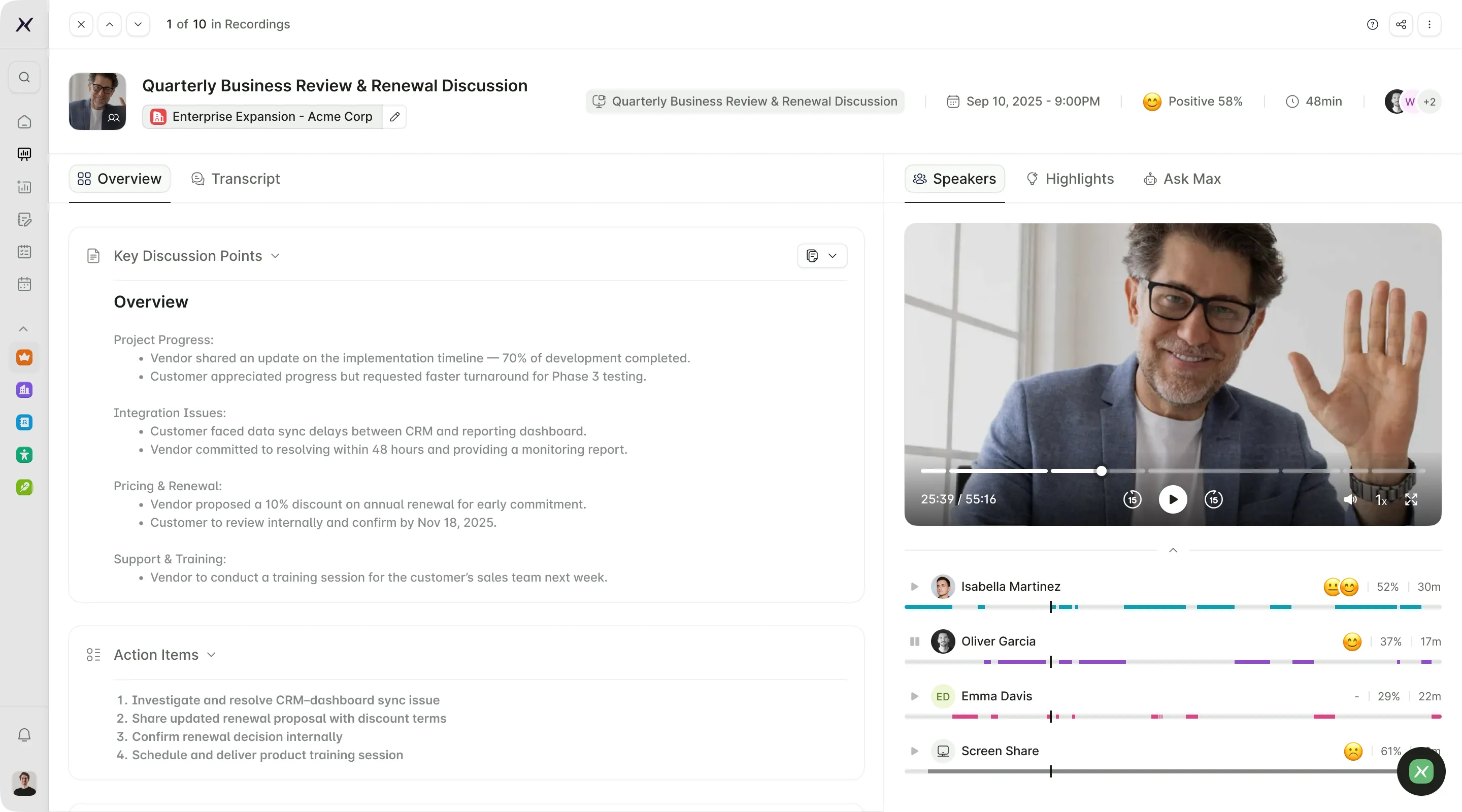 Video call interface showing a man in glasses waving, with meeting details and discussion points about business review and renewal on the left side.