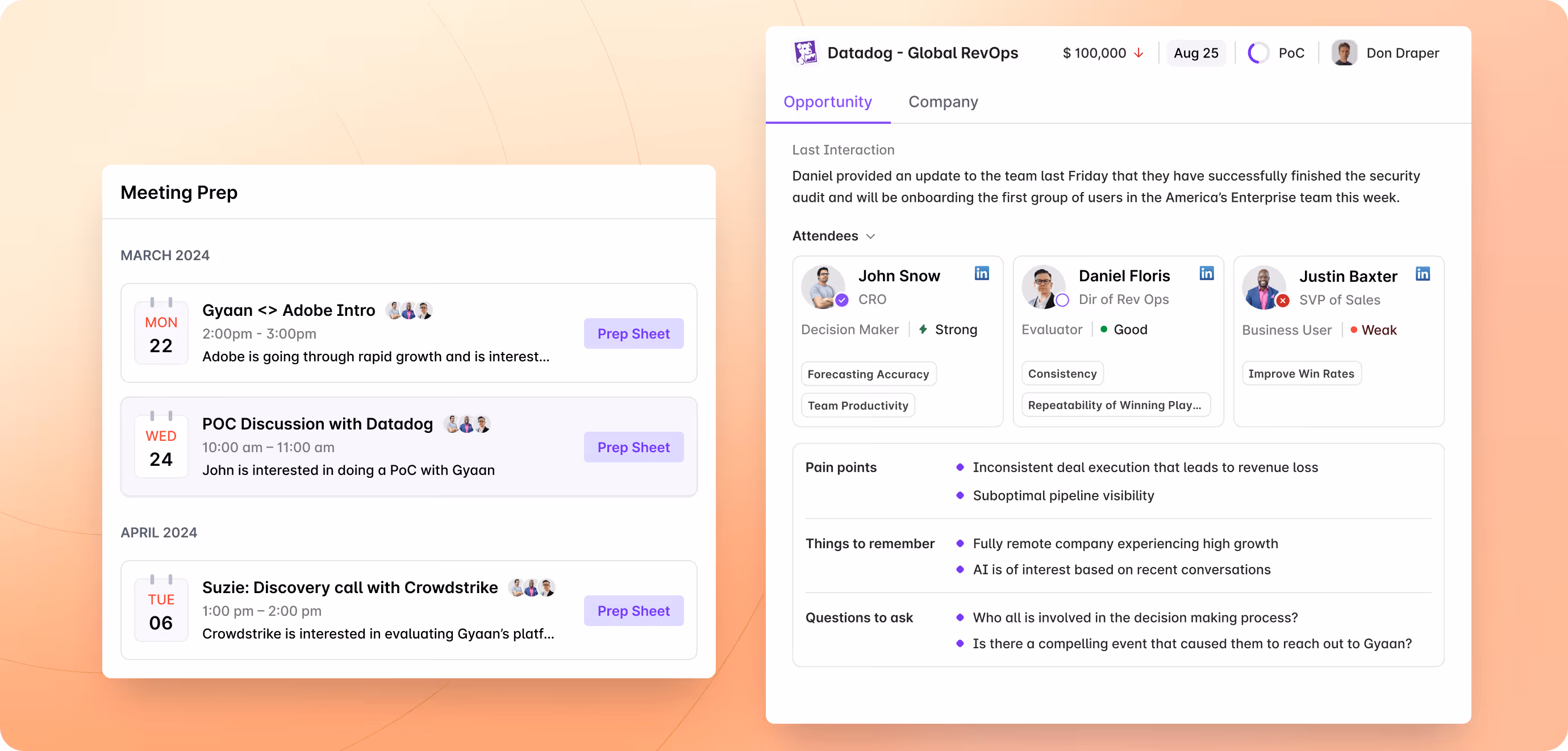 Dashboard with meeting prep schedule showing dates and topics for March and April 2024, alongside detailed opportunity overview for Datadog Global RevOps with attendees' roles, evaluations, key pain points, reminders, and questions to ask.