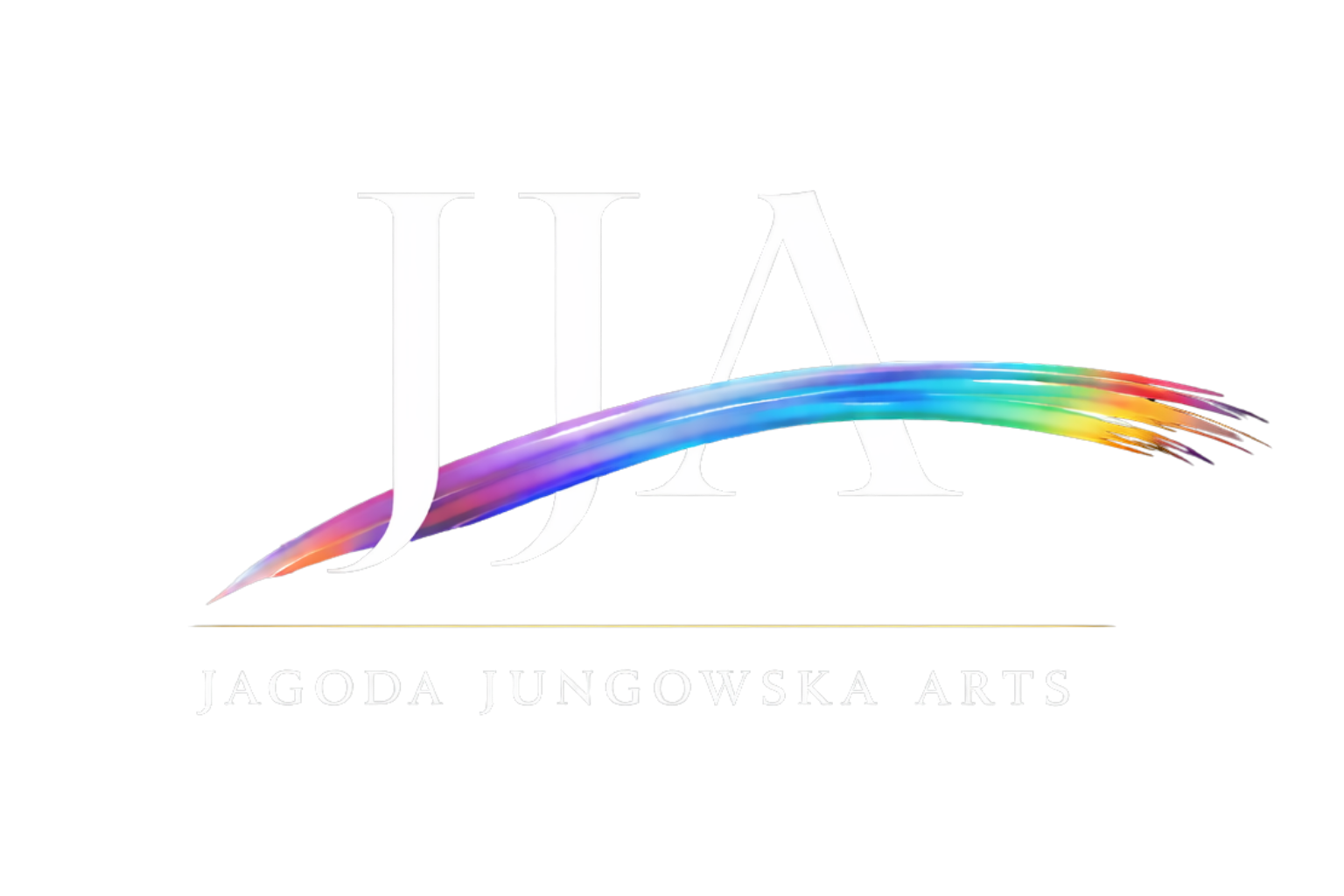 Logo JJA z kolorowym pociągnięciem pędzla i tekstem Jagoda Jungowska Arts pod spodem.