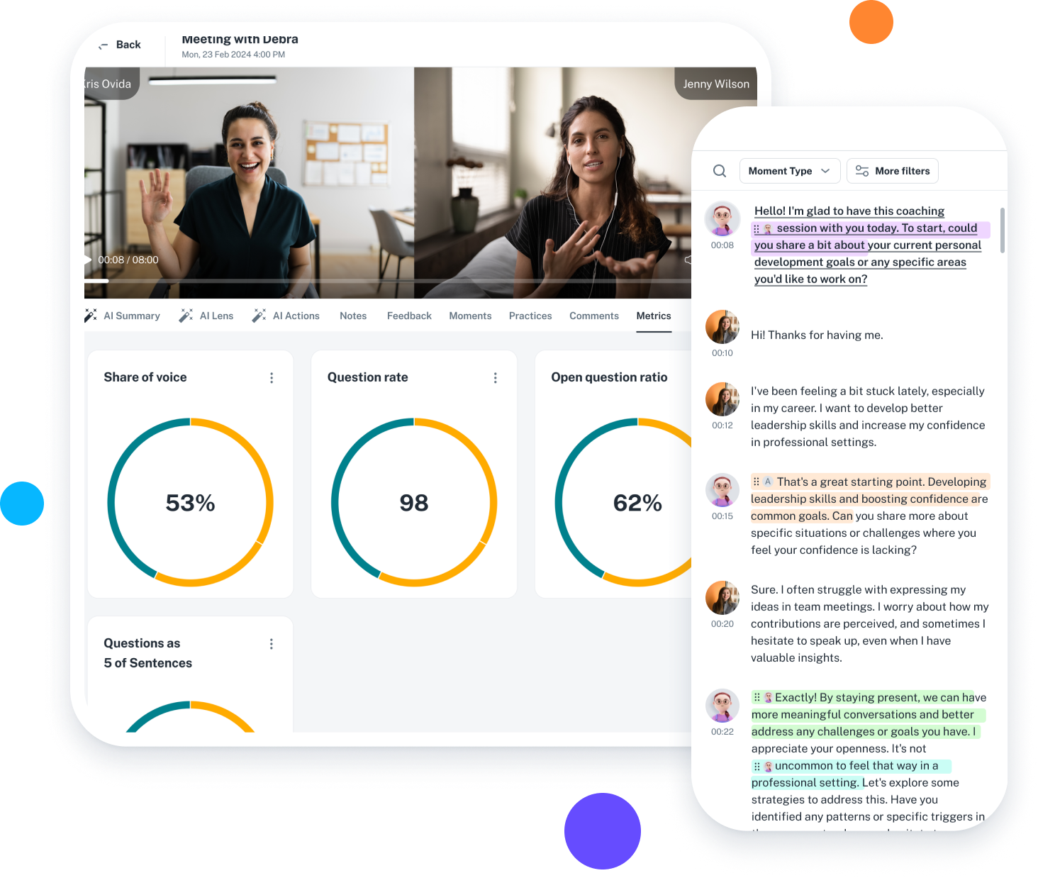 Ovida AI coaching platform — live session metrics, transcript and competency feedback