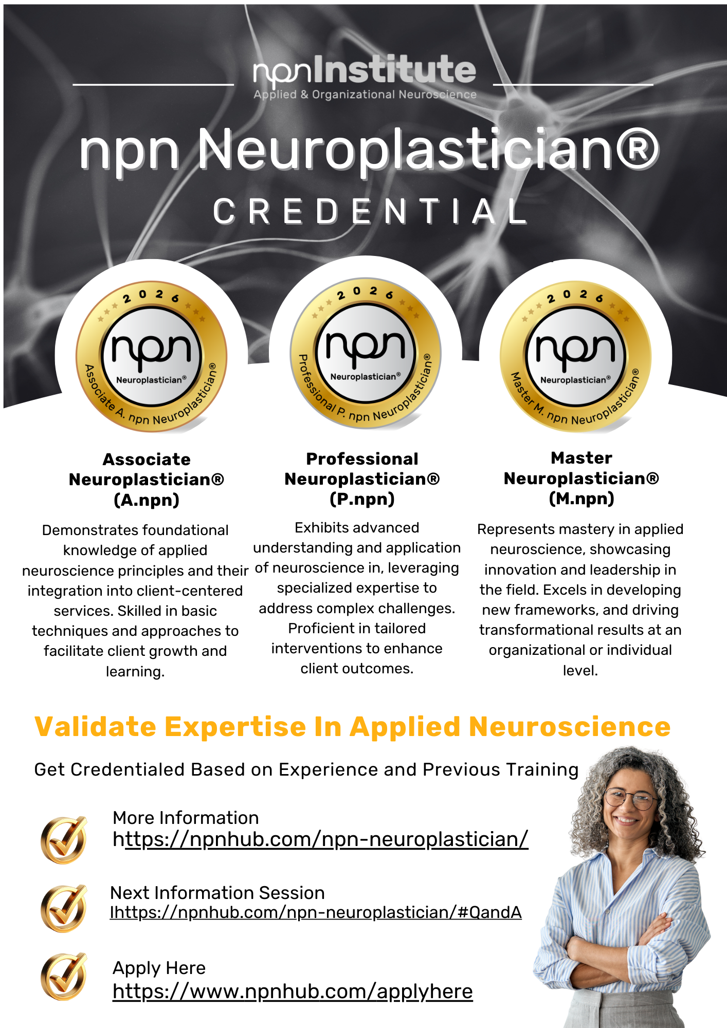 npn Neuroplastician Credential flyer from the npnInstitute showing the Associate (A.npn), Professional (P.npn), and Master (M.npn) credential tiers, each with a description of the expertise it represents.