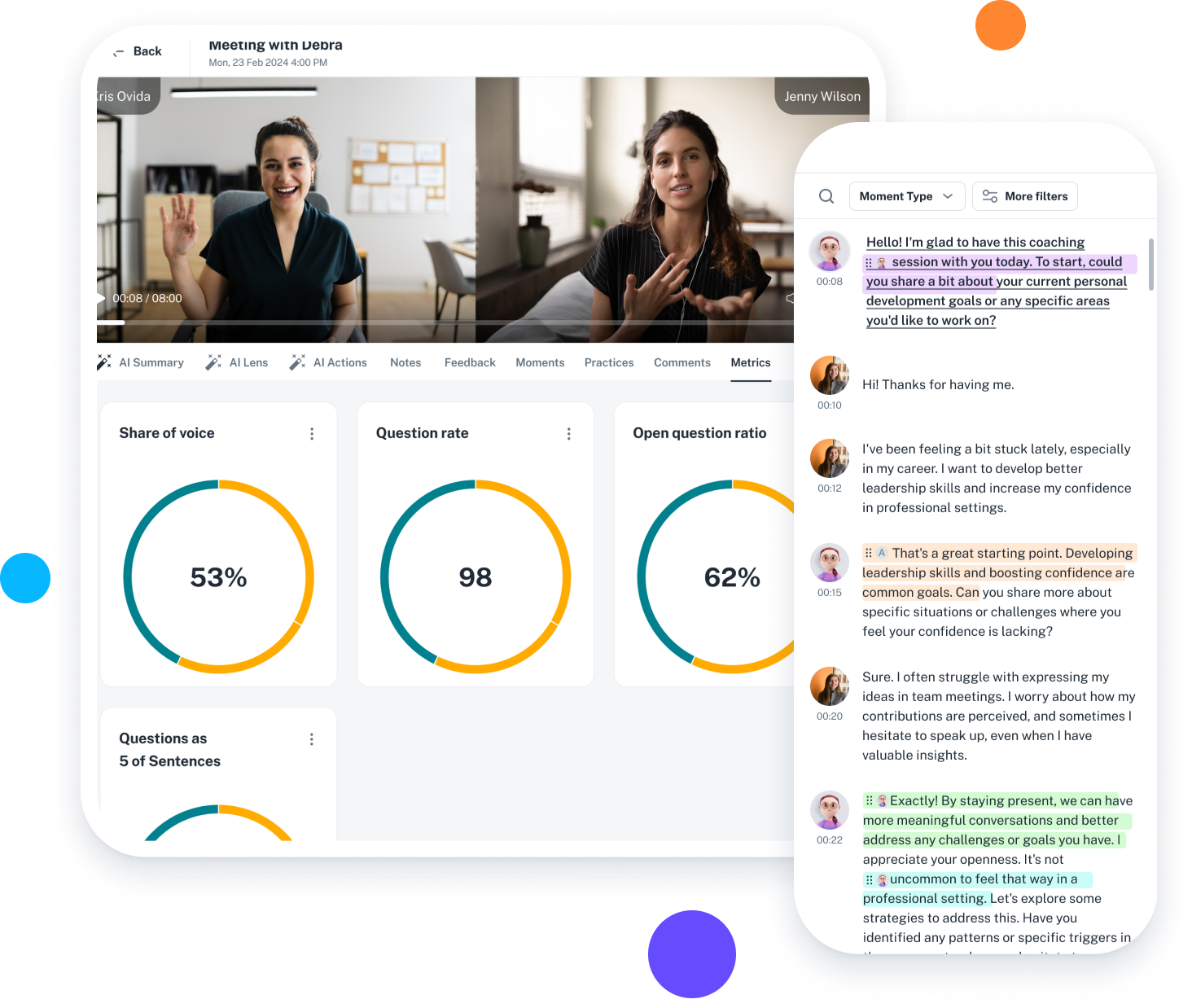 Ovida AI coaching platform — metrics, transcript and competency feedback
