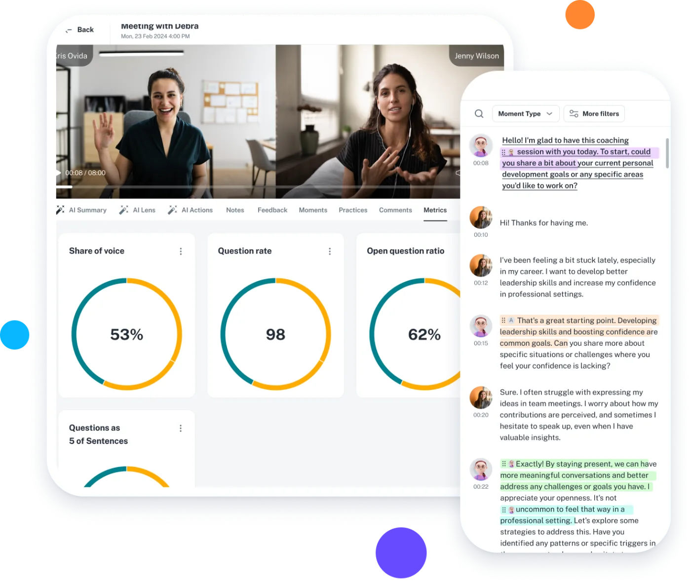 Ovida AI coaching platform, live session metrics, transcript and competency feedback