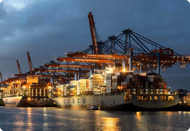 Large cargo ships docked at a port at dusk with cranes unloading containers labeled Terminal Burchardkai.