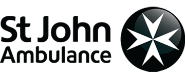St John Ambulance text logo with a white Maltese cross inside a black circle.