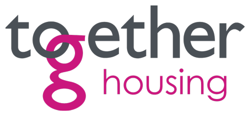 Together Housing logo with stylized lowercase g in pink and gray text on black background.