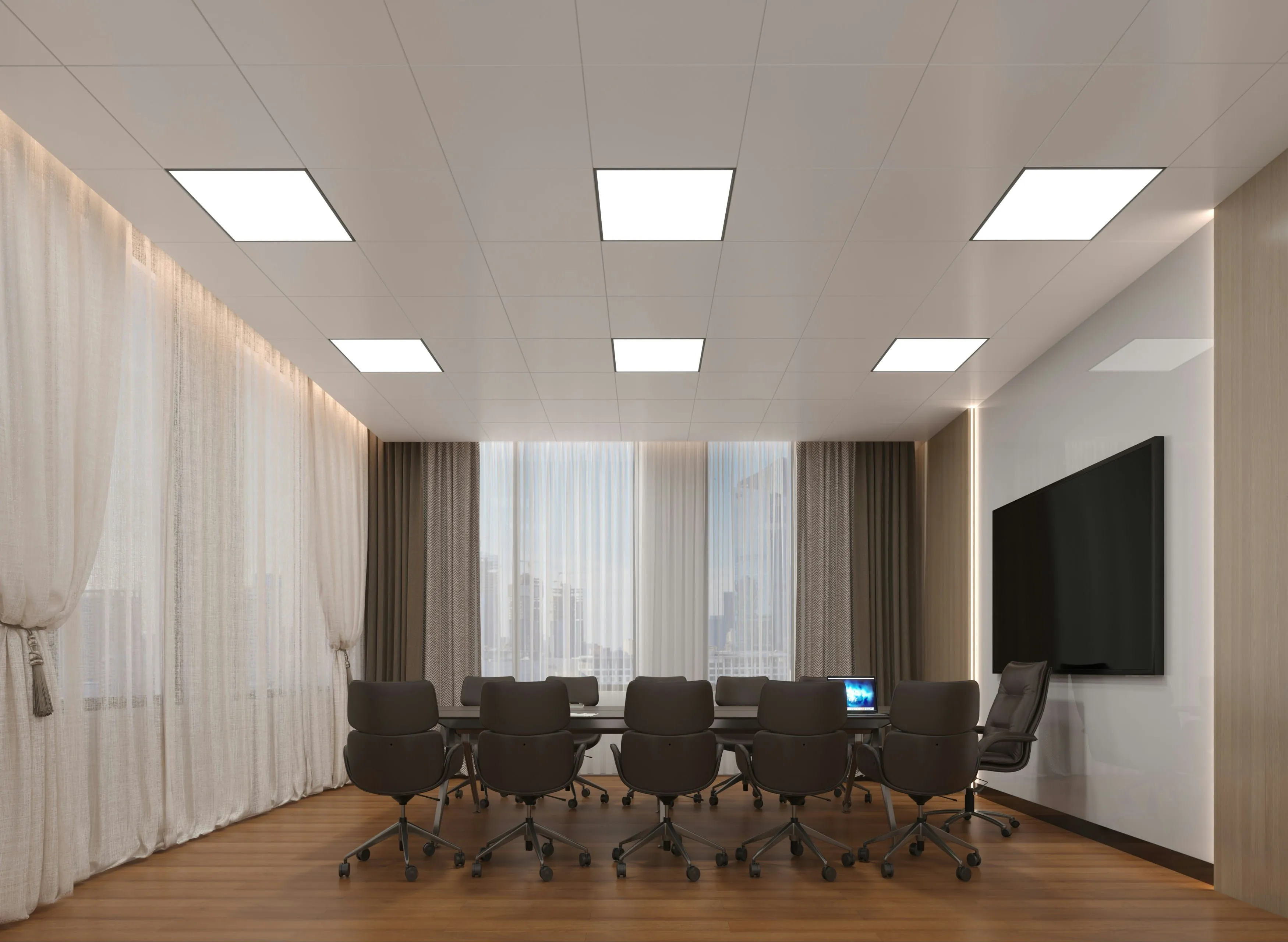 Modern conference room with a large table, black office chairs, wood floor, and wall-mounted TV.