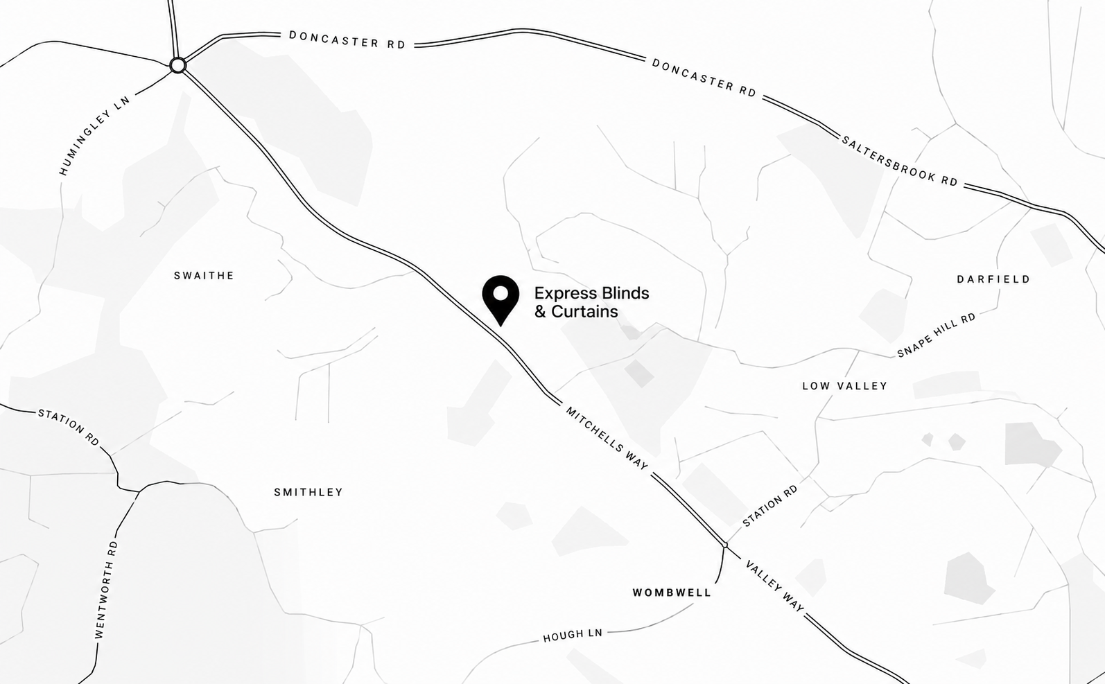 Map with location pin marking Express Blinds & Curtains on Mitchells Way near Wombwell.