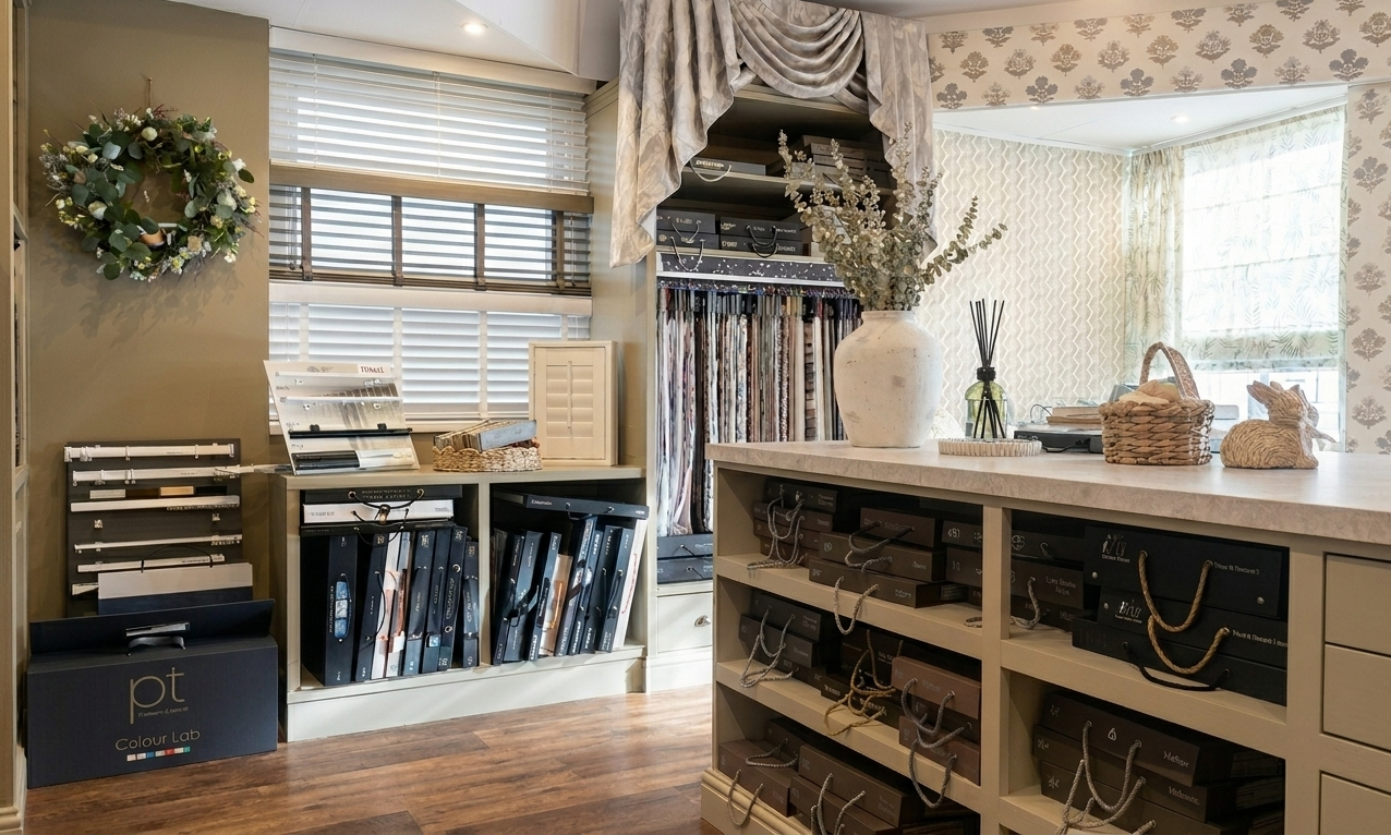 Interior of a fabric or design shop with sample books, fabric swatches, a vase with flowers, and decorative wicker items.