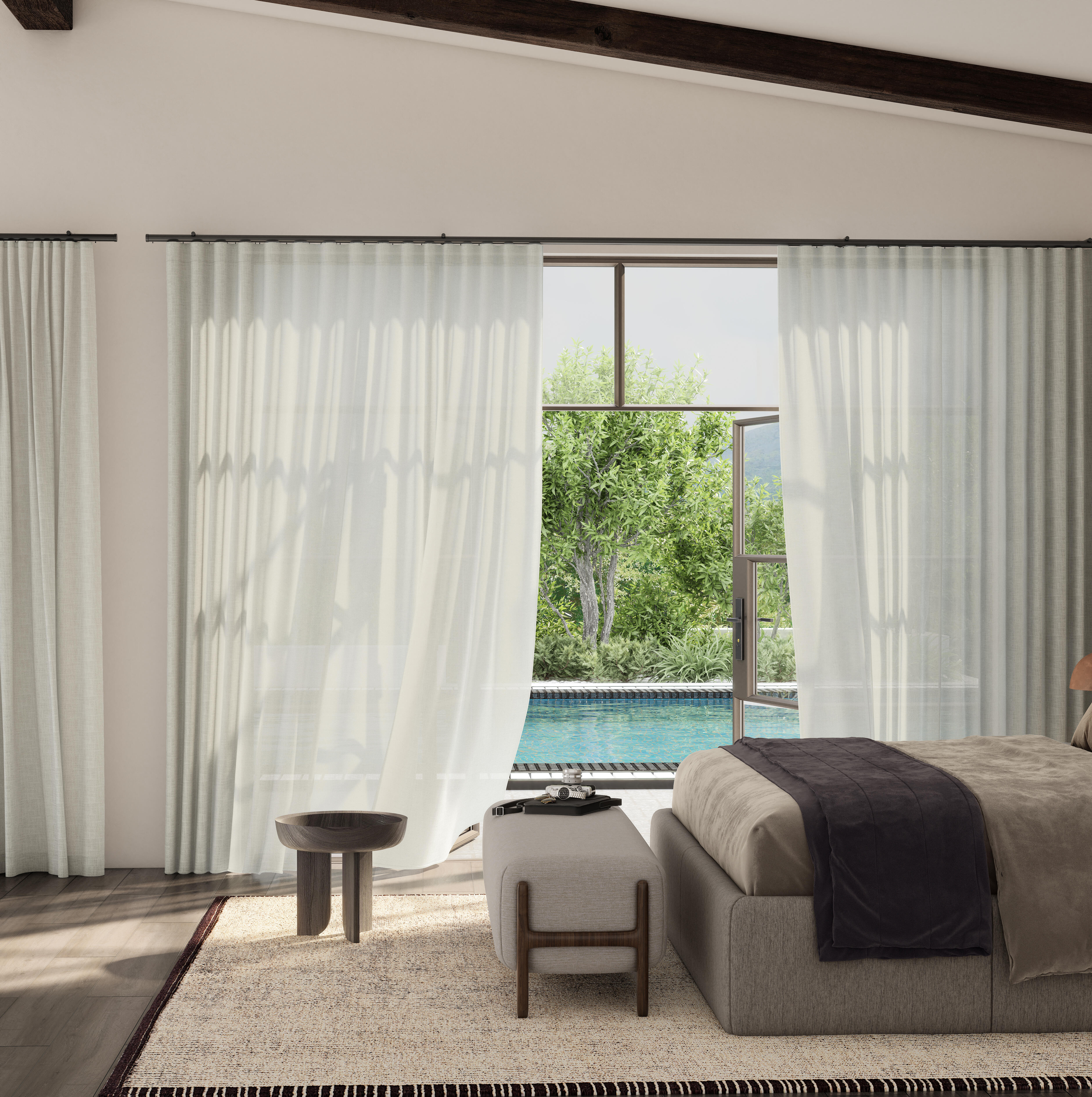 Bedroom with beige bed, black throw, bench, and open window showing pool and greenery outside.