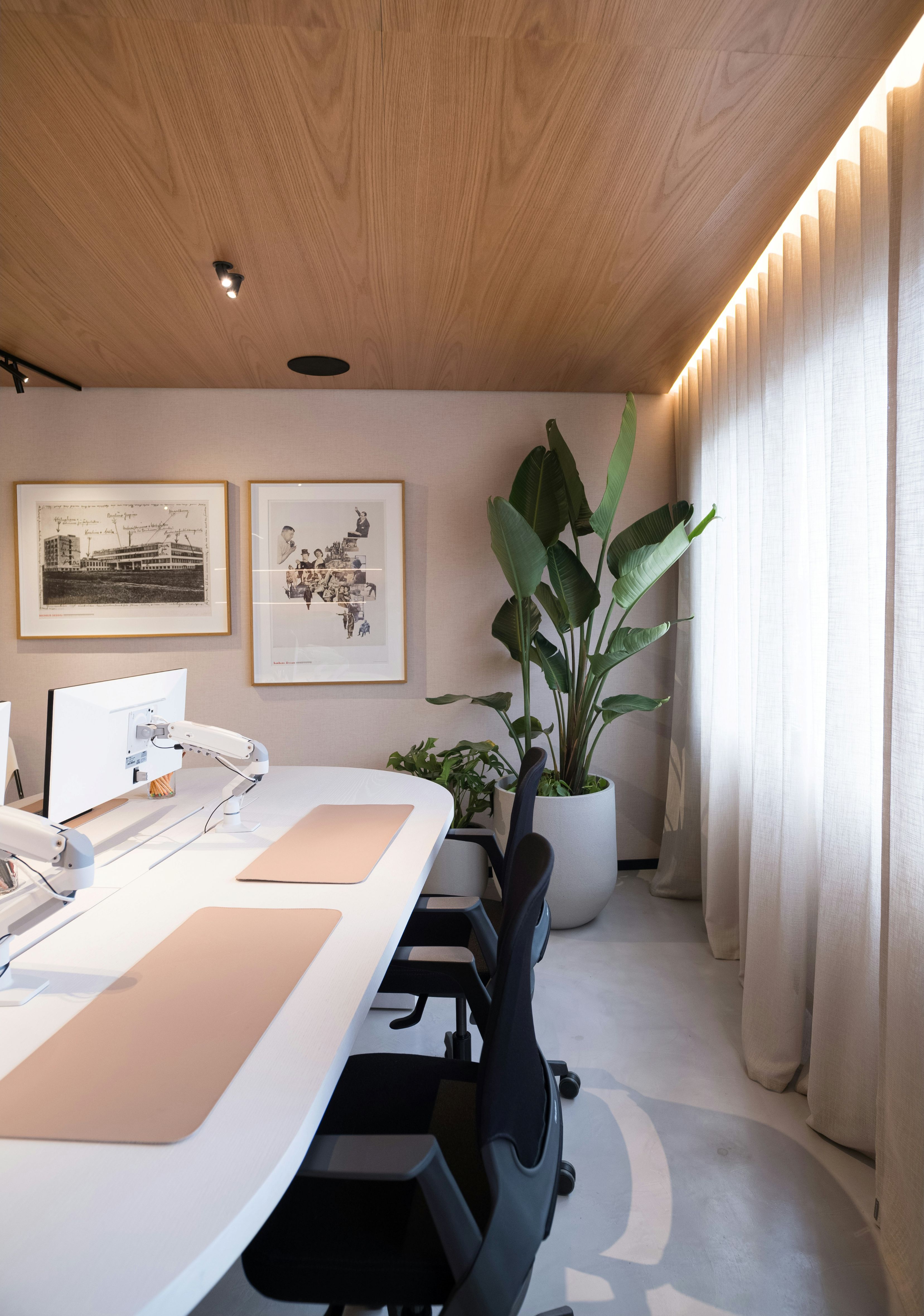 Modern office space with black chairs, white desks, computer monitors, framed art, and large potted plants.