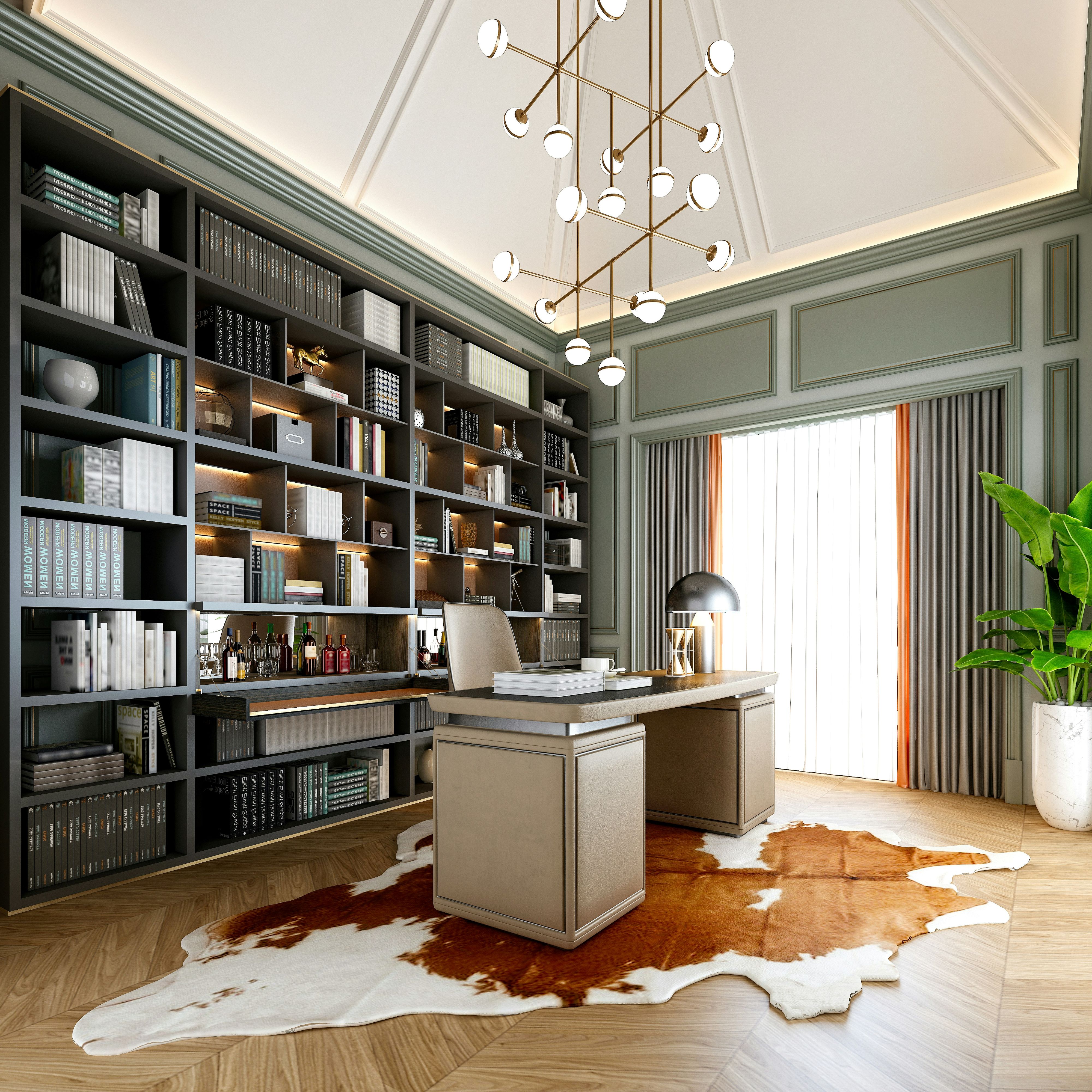 Modern office with beige desk, leather chair, wall bookshelf, cowhide rug, and large window with curtains.