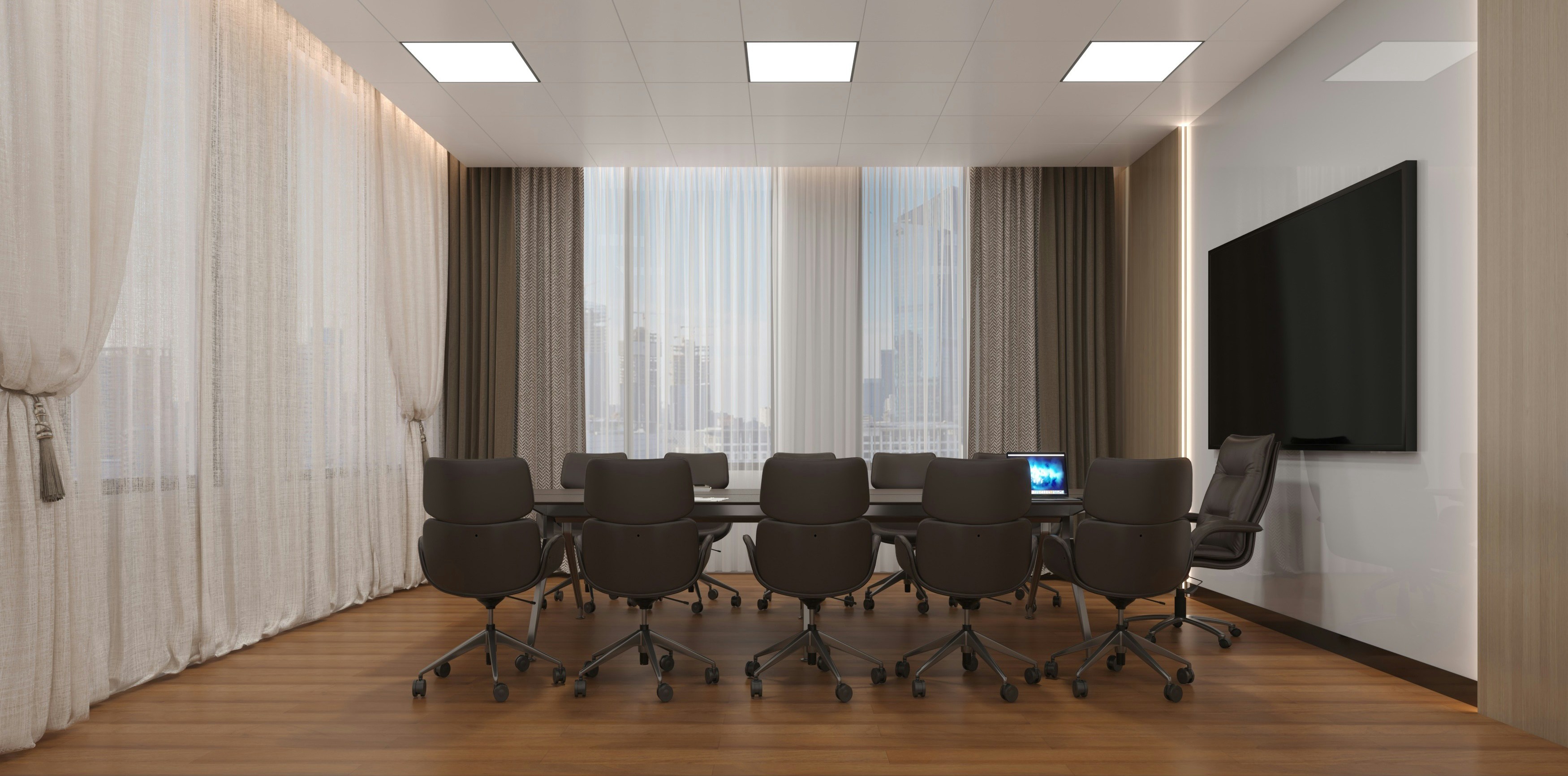 Modern conference room with a long table, black office chairs, large windows, and a wall-mounted TV.